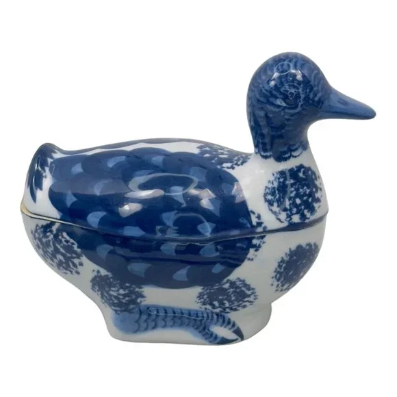 Ceramic Hand Painted Vintage 1960's Duck Shaped Trinket Box Blue & White - Picture 6 of 11